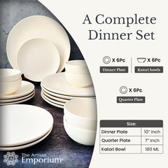 Subhra Handcrafted Ceramic Dinner Set - 18 Pieces | 6 Dinner Plates + 6 Katori Bowls, 180ml Each+ 6 Quarter Plates | Matte Finish White Dinnerware Set | Serving For 6, Microwave Safe