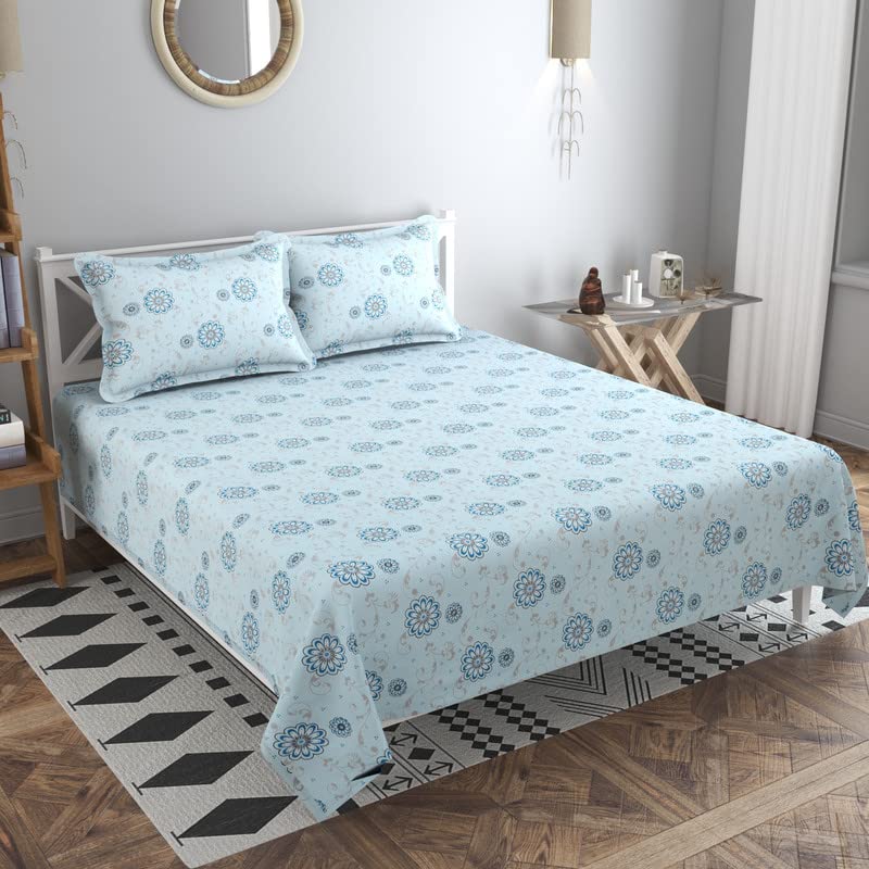 Double Bedsheets With 2 Matching Pillow Covers - 90 X 100 Inches, Light Blue | Traditional Printed Bedsheet - Ideal For House, Guest Room, Hotel Room Bedsheet