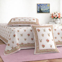 Hand Printed Cotton Bedsheet For King Size With 2 Pillow Covers | 93 X 108 Inches, Cream & Red | Ultra-Soft & Skin-Safe | Breathable Summer Comfort