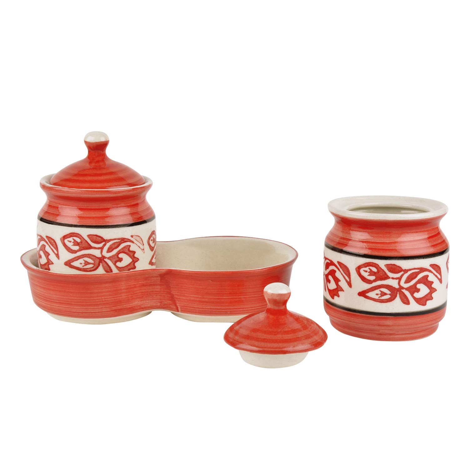 Ceramic Pickle Serving Jar Set With Tray Set Of 2 - 200ml Each, Red & White | Condiment Set - Pickle Jar Set For Dining Table | Masala Container