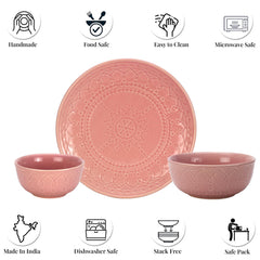 Handcrafted Ceramic Dinner Set Of 10 Pcs With Serving Bowls Set - Light Pink | 4 Dinner Plates + 4 Small Dinner Bowl, 180ml Each + 2 Serving Bowl, 1000ml Each | Dishwasher Safe - Serving For 4