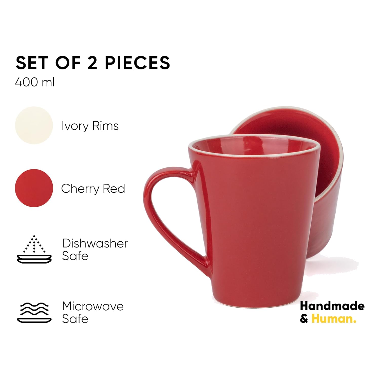 Large Ceramic Coffee Mug Set Of 2 - Red Rim, 350ml Each | Red Beauty Ceramic Mug - Tea Mug With Glossy Finish | Mug For Coffee - Ceramic Coffee Mug | Stoneware Coffee Cup - Microwave Safe