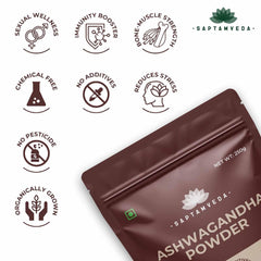 Saptamveda Premium Organic Ashwagandha Roots Powder Withania Somnifera, For Men And Women, Concentrated Extract Ratio Of 5:1. Enhance Your Daily Regimen Effortlessly | 250gm 0.5lbs