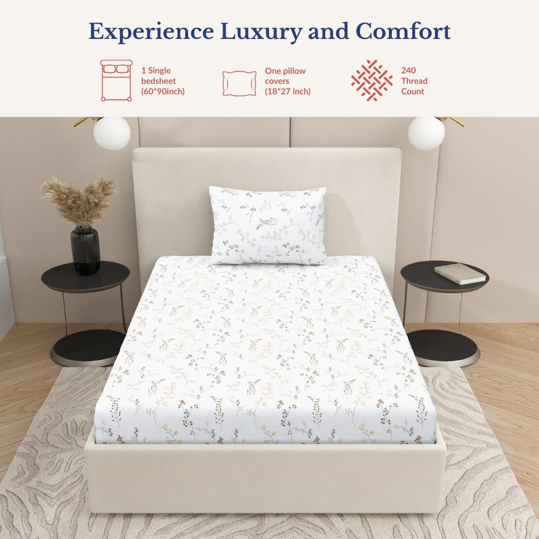 100% Pure Cotton Single Bedsheet With 1 Pillow Cover - 60 × 90 Inches, White & Yellow | Perfect For Bedrooms, Guest Rooms, Kids’ Rooms & Hostel Use