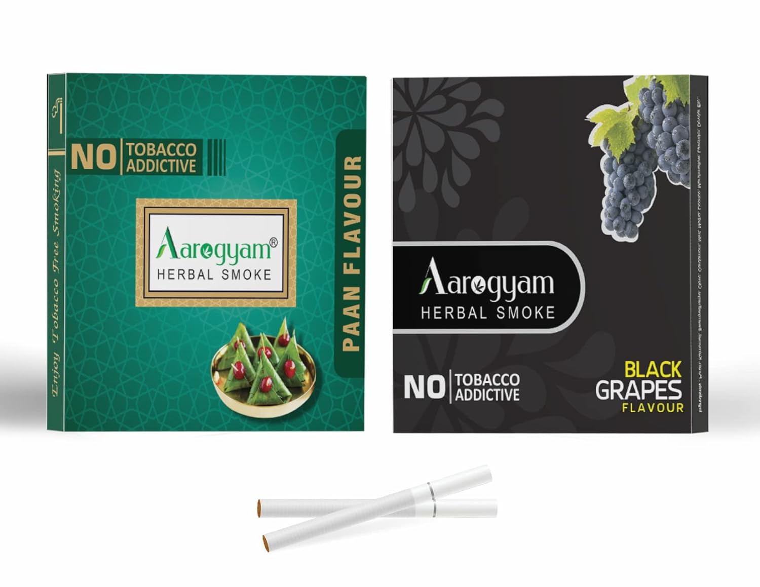 Aarogyam Herbals Pack Of 2 Flavours 100% Tobacco & Nicotine Free Cigarette For Relieve Stress & Mood Enhance Product Paan, Black Grapes - 10 Sticks X 2 Packets