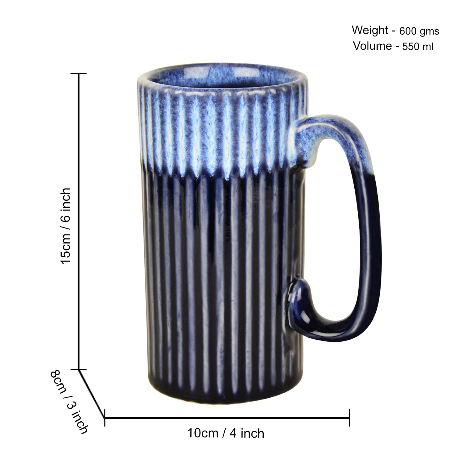 Studio Pottery Dual Tone Beer Mugs Set Of 2 - Prussian Blue, 550ml Each | Beer Mugs, Milk Mugs - Luxurious Midnight Blue