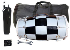 Indian Musical Instrument Check Design Bolt Fitting Wooden Dholak - Black & White | Perfectly Symmetric Round Dholak Nickel Plated Bolts & Nuts - Mini Dholak For Festival, Wedding, Satsang