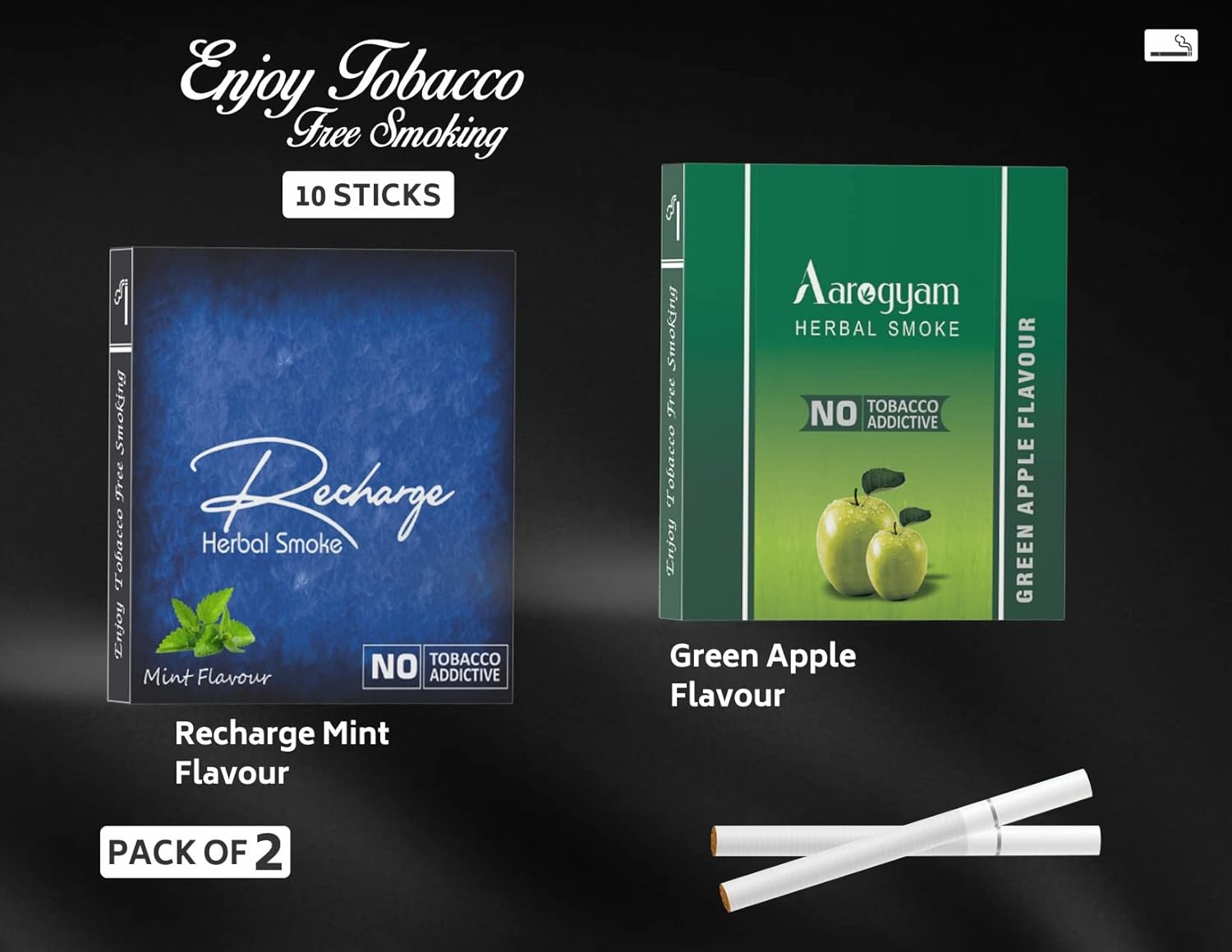 Aarogyam Herbals Pack Of 2 Flavours 100% Tobacco & Nicotine Free Cigarette For Relieve Stress & Mood Enhance Product Green Apple, Recharge - 10 Sticks X 2 Packets