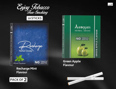 Aarogyam Herbals Pack Of 2 Flavours 100% Tobacco & Nicotine Free Cigarette For Relieve Stress & Mood Enhance Product Green Apple, Recharge - 10 Sticks X 2 Packets