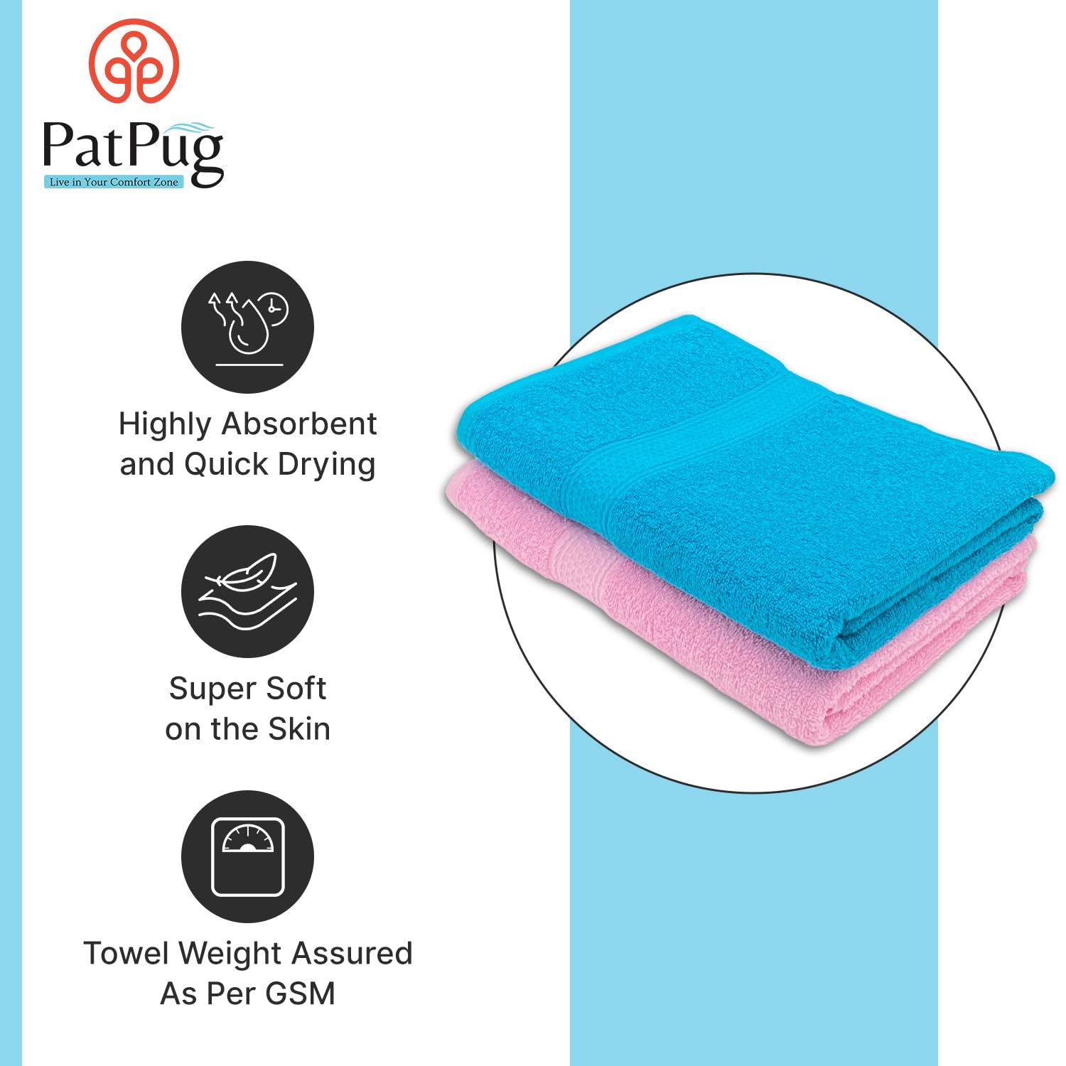 PatPug 100% Indian Ultra Soft Cotton 380 Gsm | Highly Absorbent, Fade Resistant Large Bath Towel (Teal & Sweet Pink)