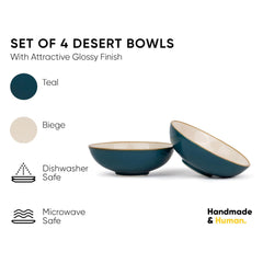 Ceramic Bowl Set Of 4 Pieces For Snacks - 13cm, Teal Ivory | Dessert Bowl With Glossy Finish - Premium Stoneware | Microwave Safe Halwa Plates