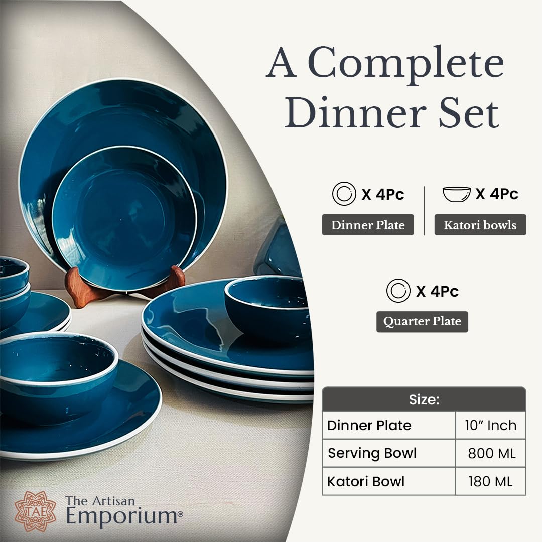 Retro Green Handcrafted Ceramic Dinner Set - 12 Pieces | 4 Dinner Plates + 4 Katori Bowls, 180ml Each+ 4 Quarter Plates Dinnerware Set | Serving For 4, Microwave Safe
