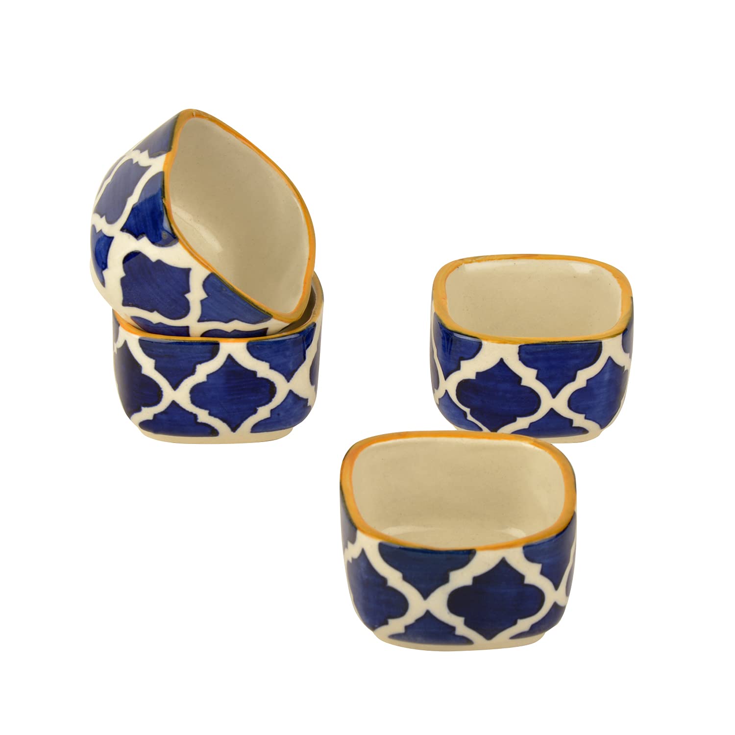 Hand Painted Ceramic Square Dip Bowls Set Of 4 - Blue & White, 50ml Each | Chutney Bowls - Ketchup Bowls