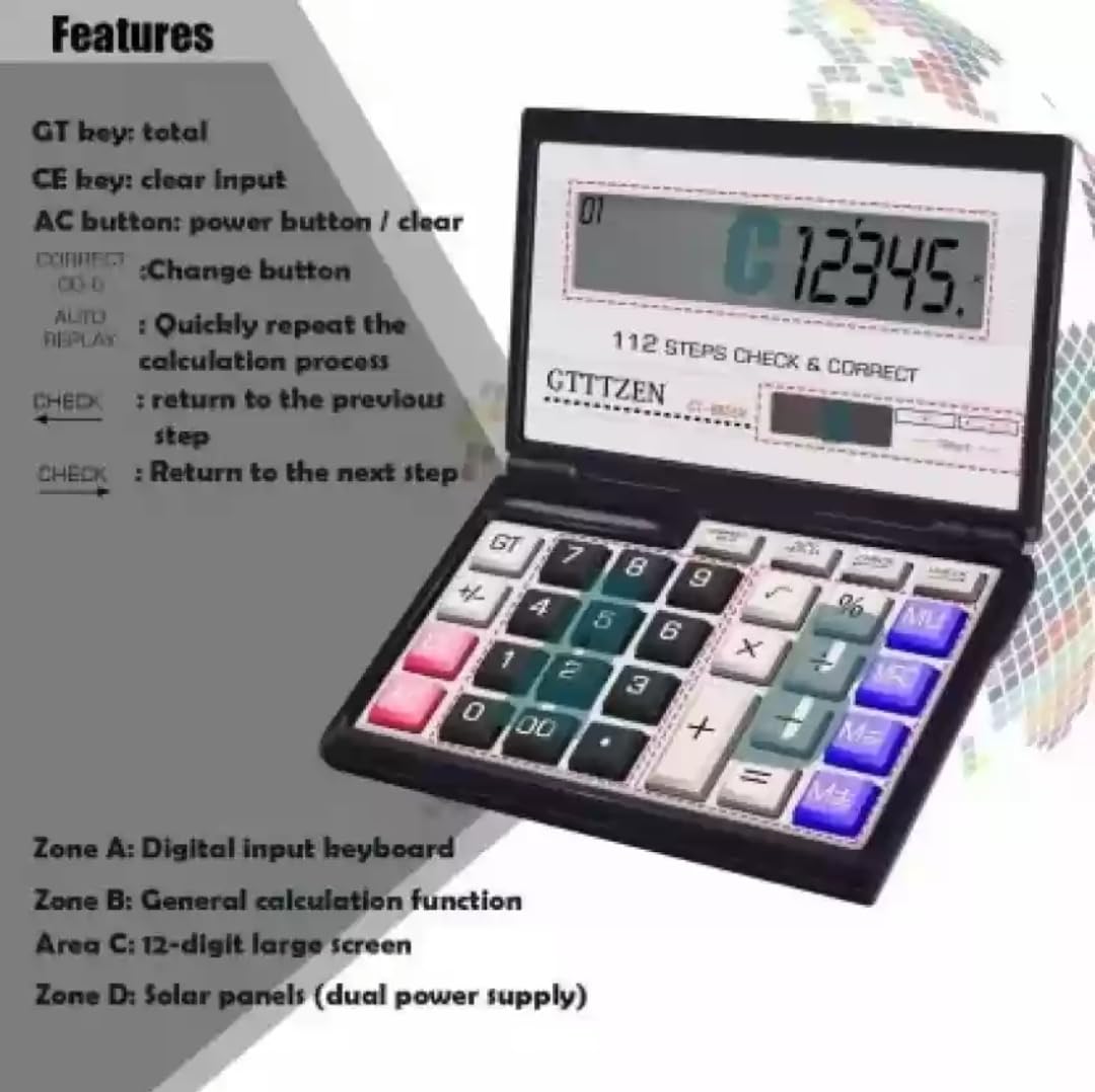 Zennix Presents A 12-digit Large Display Folding Calculator, Equipped With Dual Power Options—solar And Aaa Batteries. Ideal For Business, Office, Or Student Use