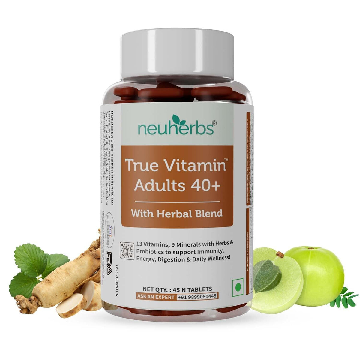 Neuherbs True Vitamin Adult 40+ , Multivitamins With Herbal Blend To Support Immunity, Energy, Digestion & Daily Wellness | 45 Tablets , 100gm 0.2lbs