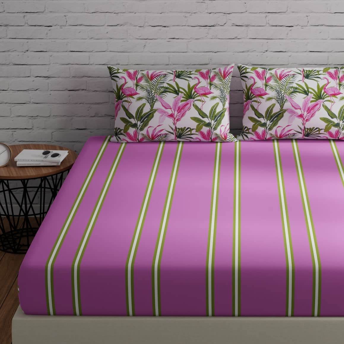 Bedsheets For King Size Bed With 2 Pillow Covers - 108 X 108 Inches | Stripes & Flamingos Pink & Green | Perfect For Home Decor & Gifts | 144 Thread Count