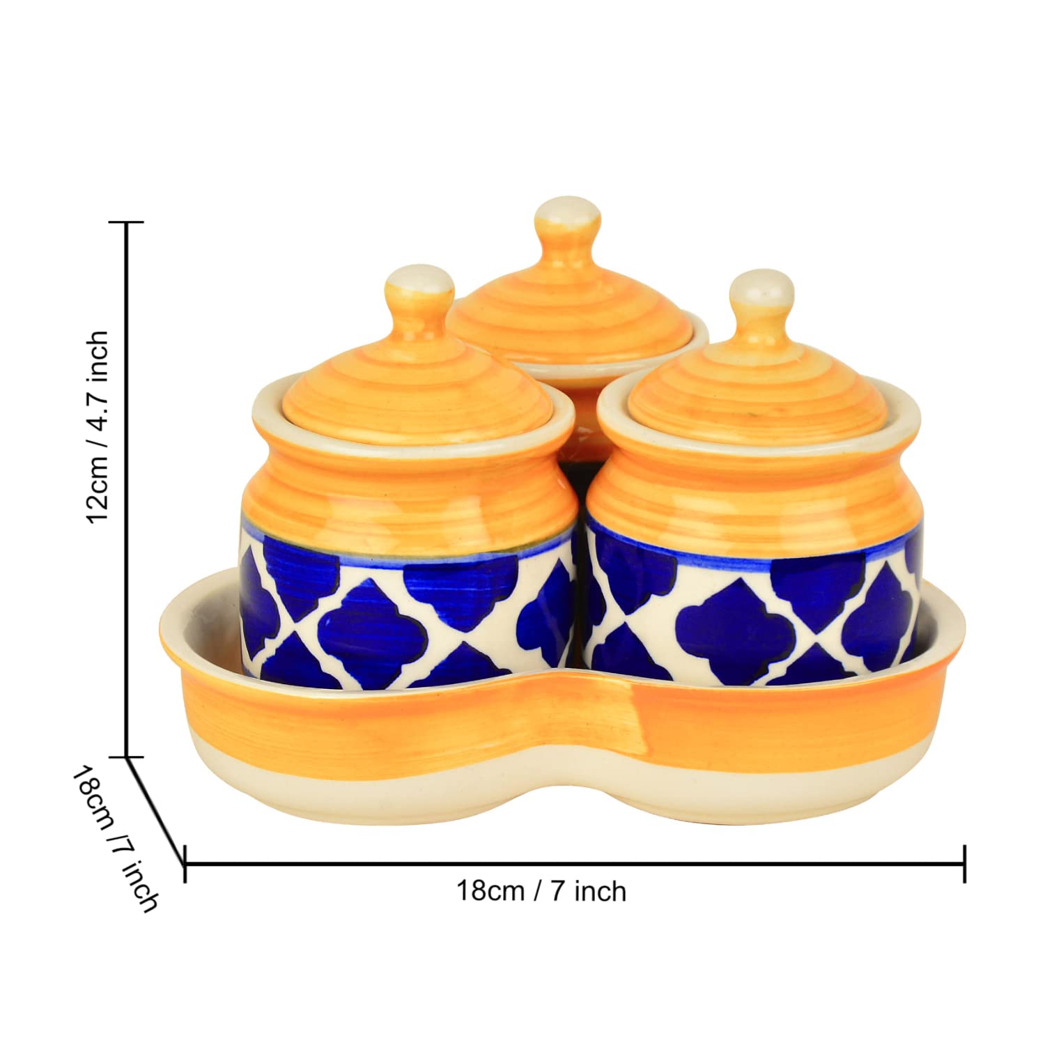 Hand Painted Ceramic Pickle Jar Set With Tray Set Of 3 - Blue & Yellow, 200ml Each | Condiment Set - Masala Container | Pickle & Chutney Jar Set For Dining Table