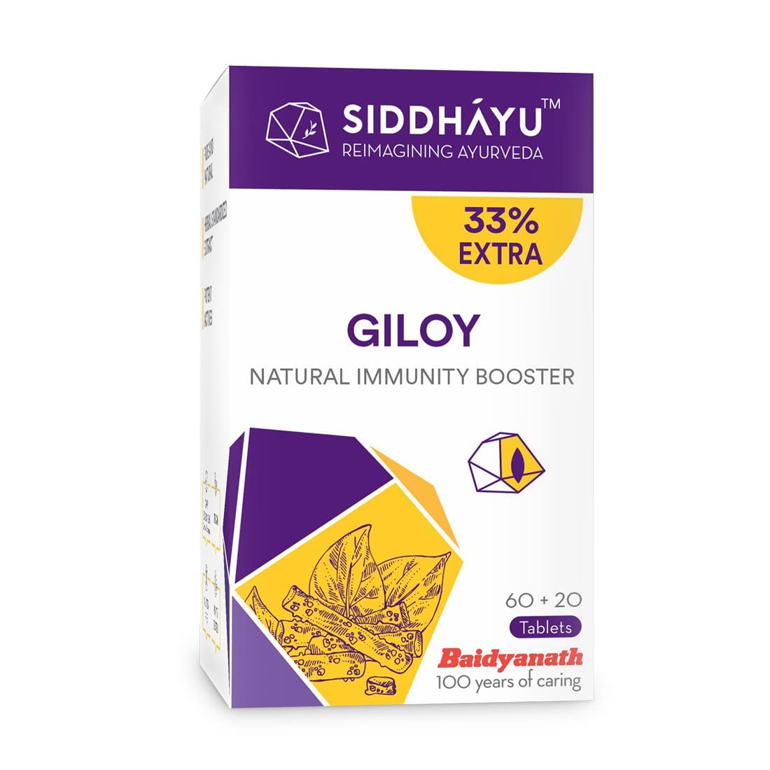 Siddhayu Giloy Tablets, Guduchi Tablets Natural Immunity Booster, Helps In Blood Purification | 60 + 20 Tablets 100gm 0.2lbs
