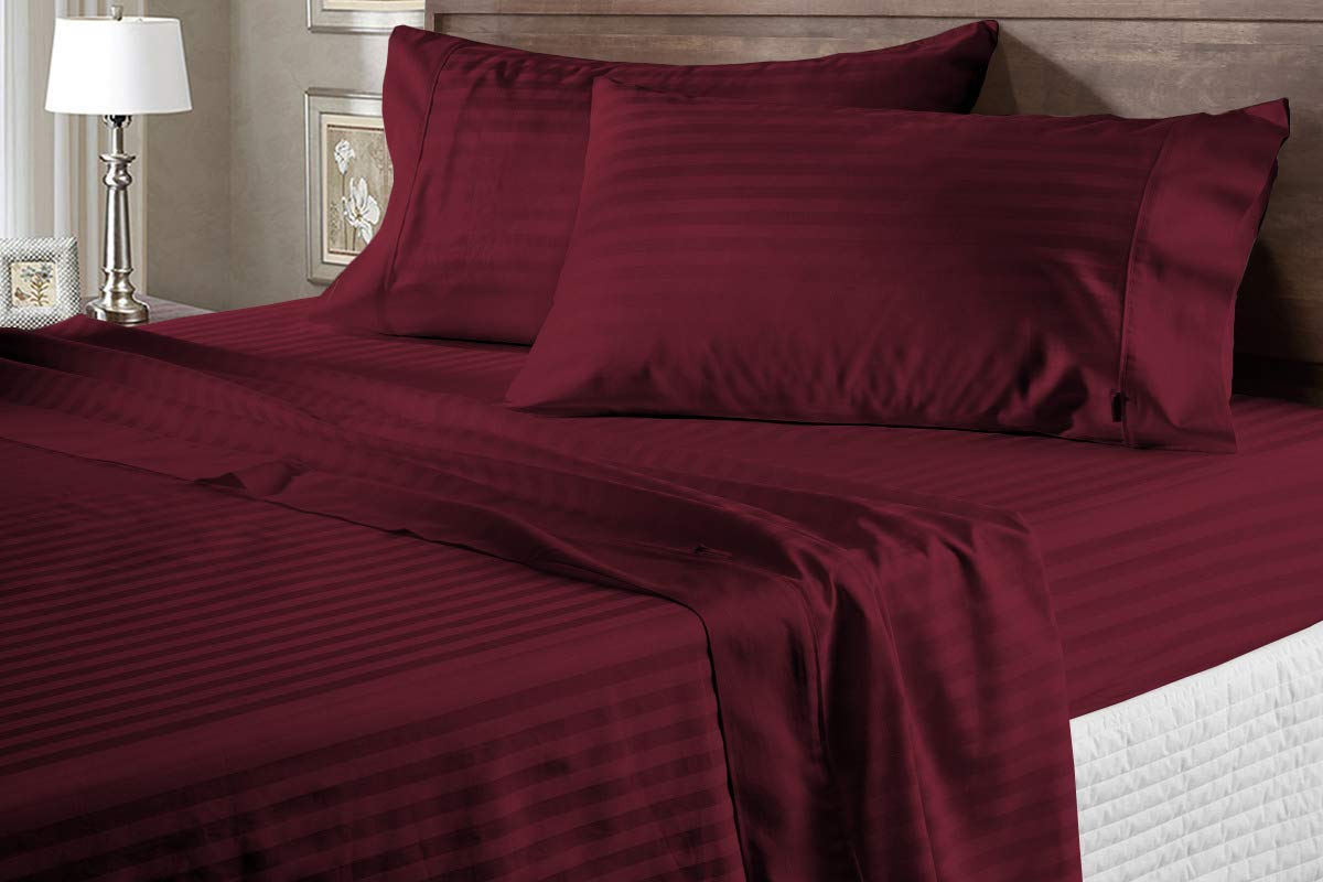 Stripes Plain King Size Double Bed Bedsheet With Two Pillow Cover - 90 X 100 Inches, Wine | Light Weight & Breathable, Wrinkle Free
