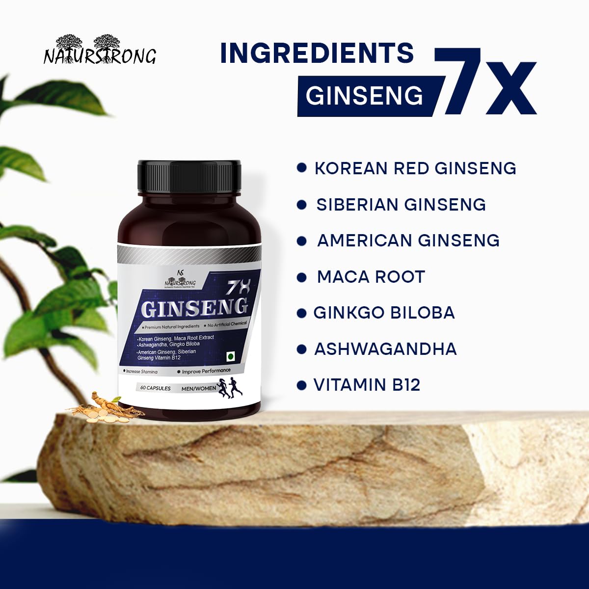 Naturstrong 100% Natural Ginseng 7x Maca Root Blend Comes With 3 Types Of Ginseng, Korean Red, Siberian & American Ginseng, With Maca Root, Ashwagandha & Vitamin B12 | 60 Capsules 100gm 0.2lbs
