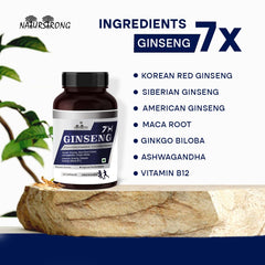 Naturstrong 100% Natural Ginseng 7x Maca Root Blend Comes With 3 Types Of Ginseng, Korean Red, Siberian & American Ginseng, With Maca Root, Ashwagandha & Vitamin B12 | 60 Capsules 100gm 0.2lbs