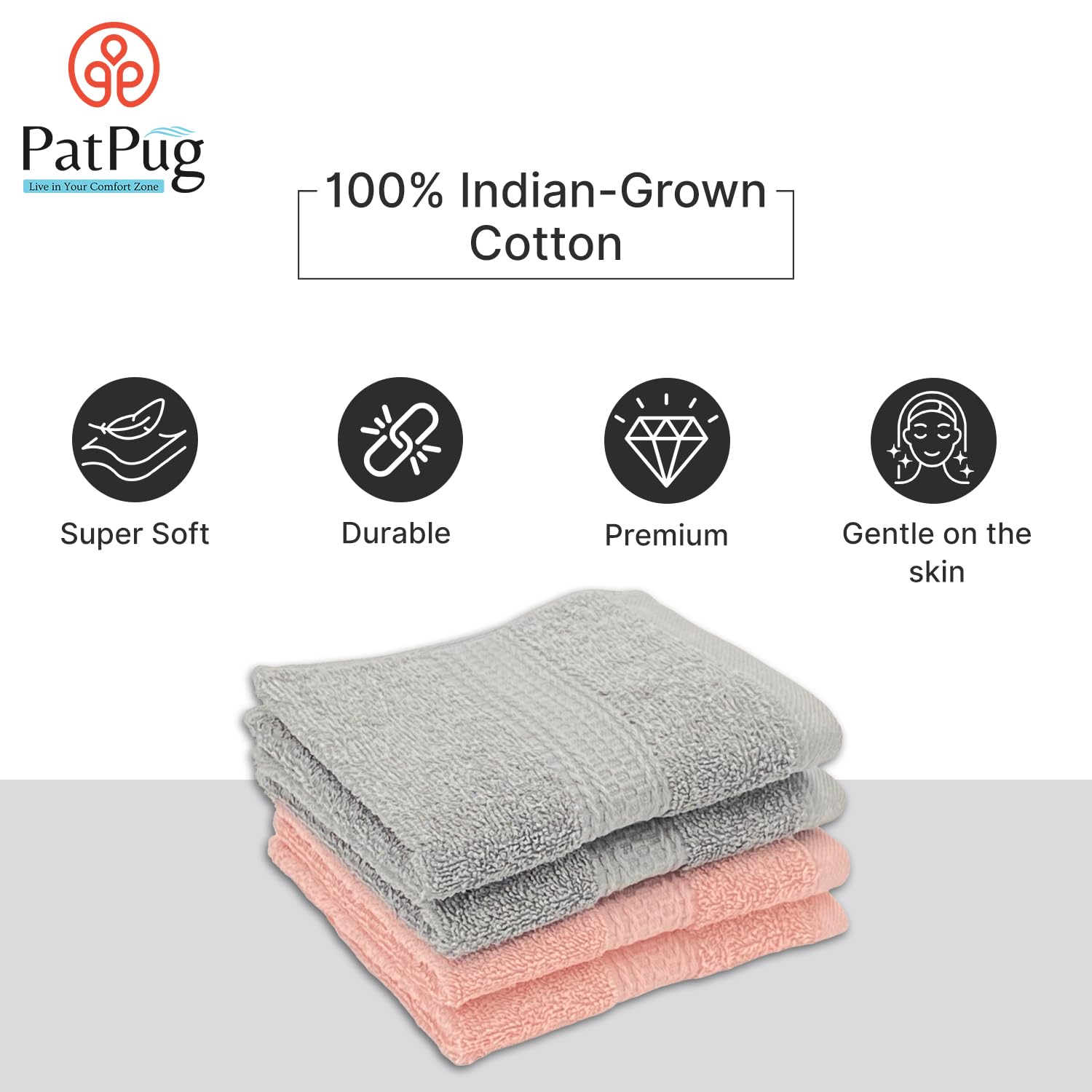 Patpug 100% Indian Ultra Soft Cotton Face Towel 500 Gsm | Napkin, Baby Face Towel, For Facewash, Gym, Travel, Hanky (Silver Grey & Baby Pink) | Pack Of 4