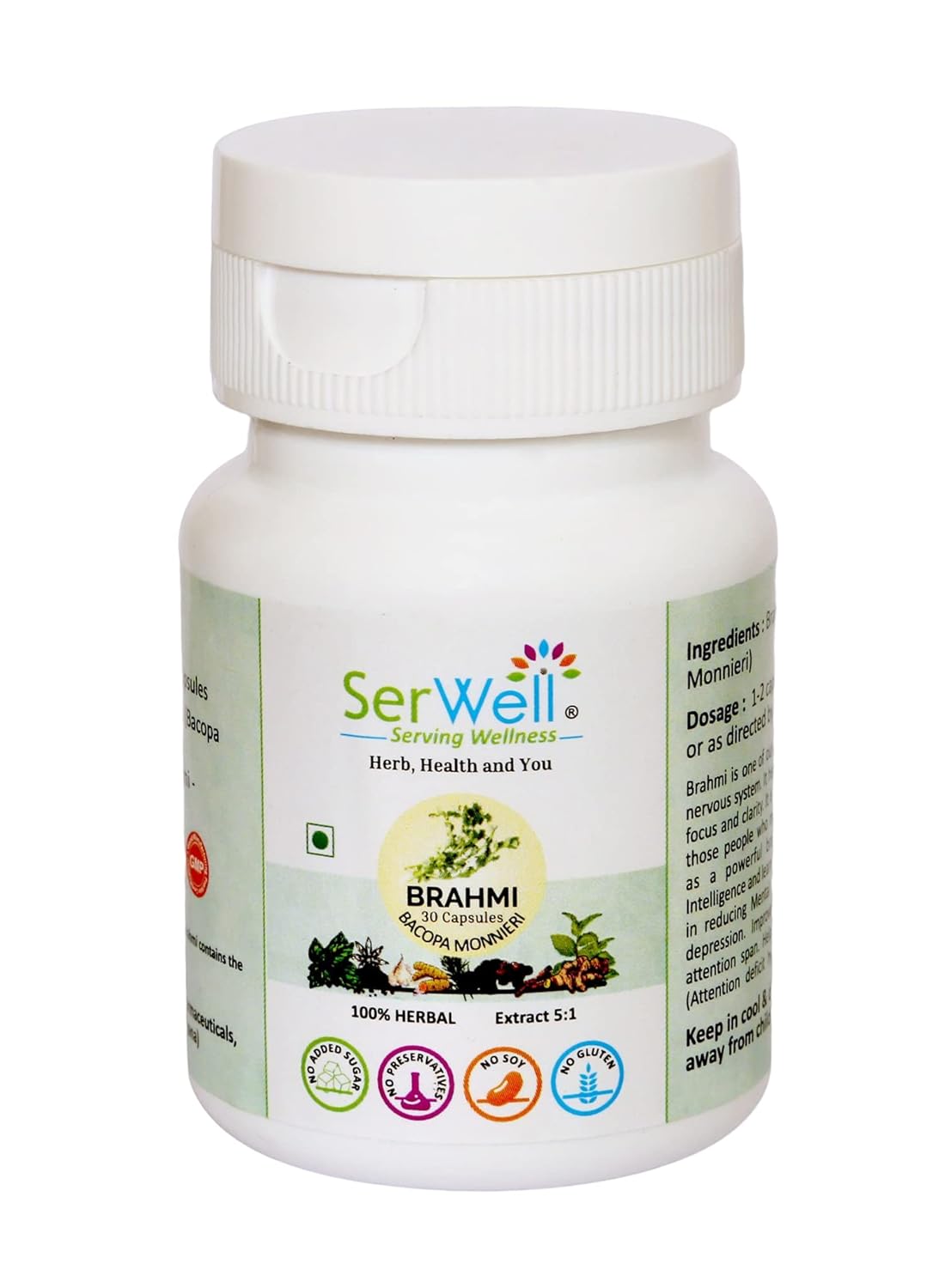 Serwell 100% Pure Herbal Brahmi Extract 5:1 500mg, Best Ingridient For Brain Health | 30 Vegetarian Capsules 50gm 0.1lbs