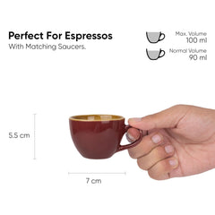 Ceramic Espresso Cup Set Of 2 - 100ml Each, Burgundy | 2 Espresso Cups & 2 Saucers With Glossy Finish - Espresso Cup Ceramic | Espresso Cups Small - Microwave Safe & Dishwasher Safe