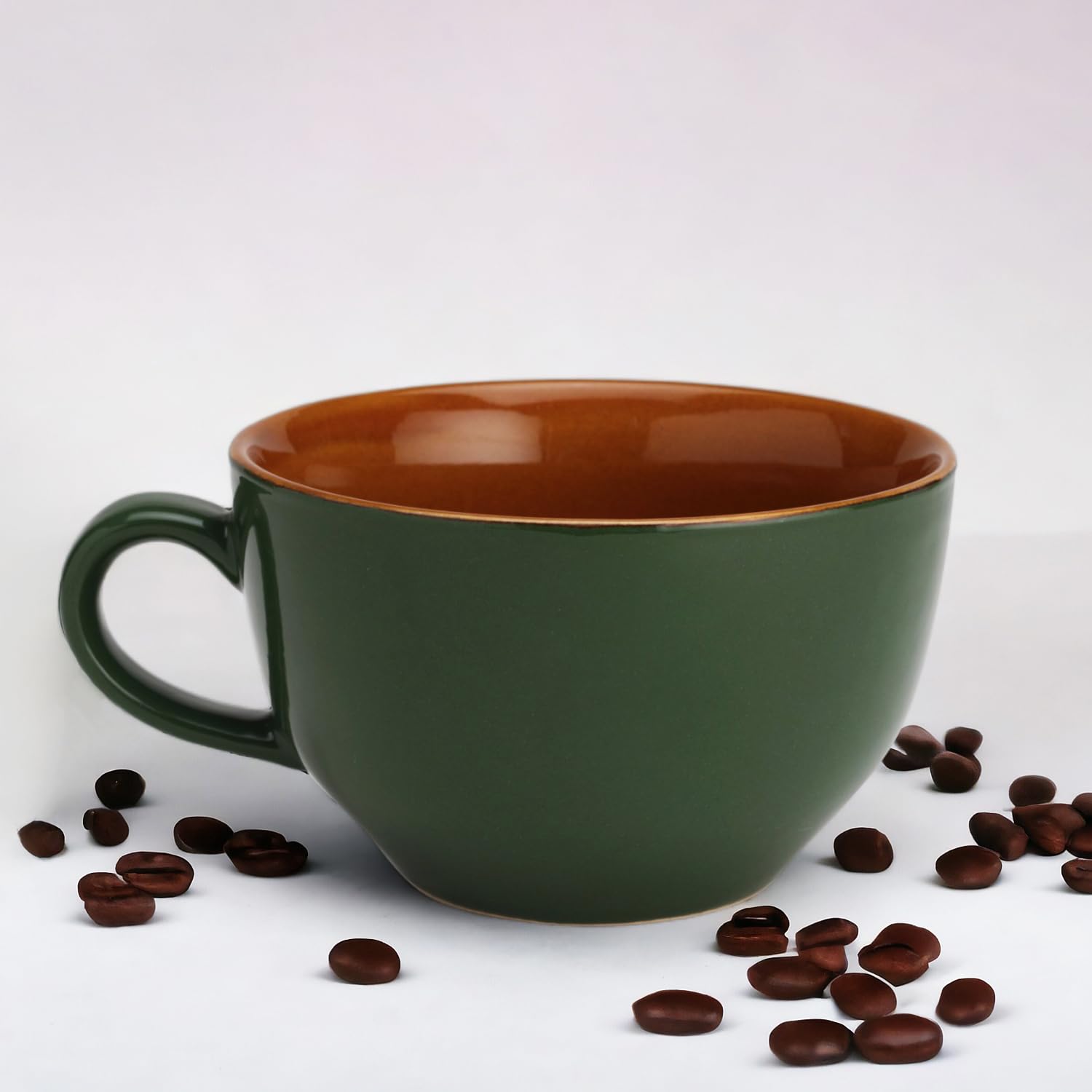 Ceramic Soup & Coffee Wide Large Mug With Handle - Set Of 1, 350ml, Green | Bone Ash Free & Microwave Safe - Bowl For Maggi, Cappuccino, Latte, Green Tea - Matte Finish