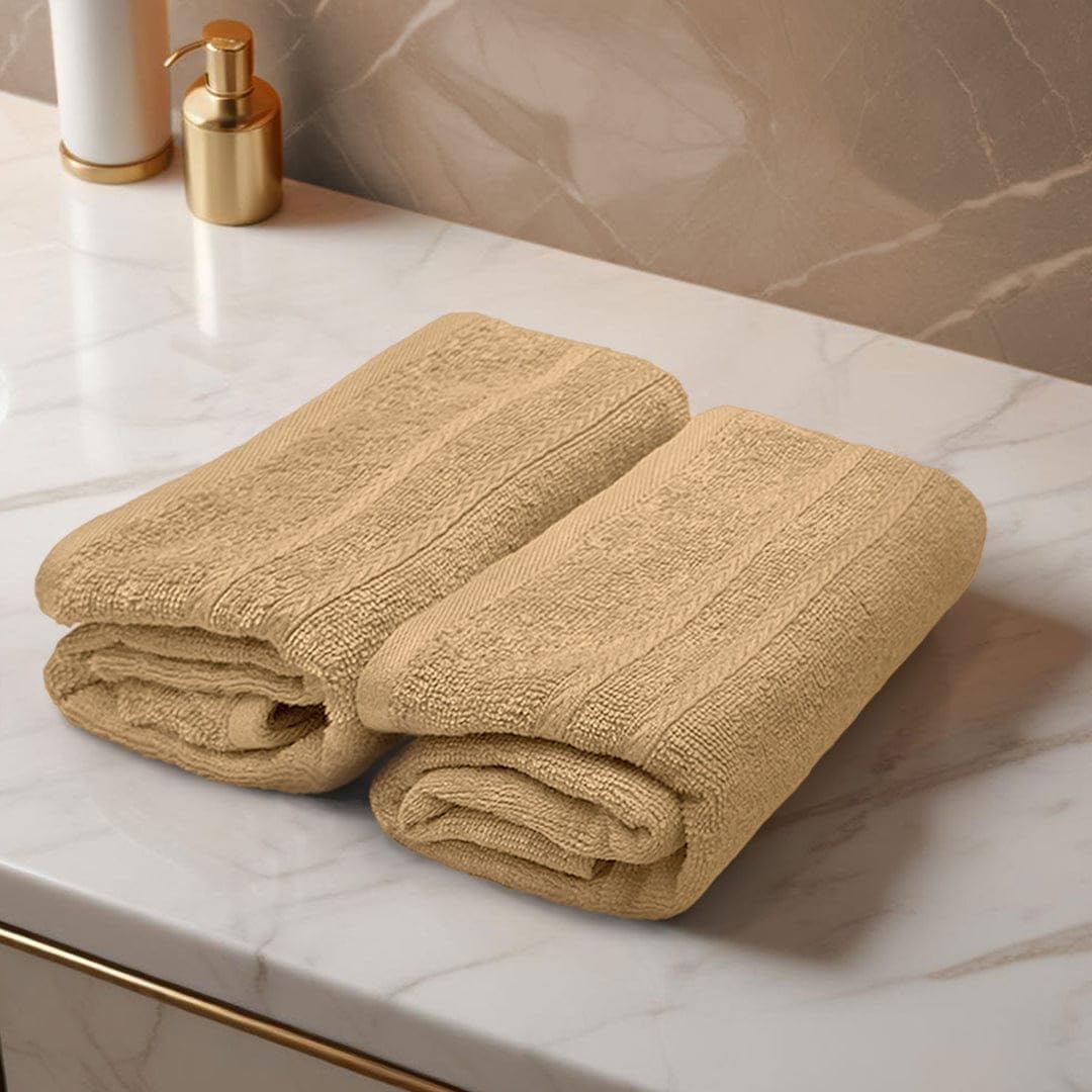 Troveo Super Soft Cotton Hand Towels 400 Gsm | Super Absorbent Multipurpose Hand Towel For Home Gym Workout Traveling Running & Kitchen (Beige) - Pack Of 2