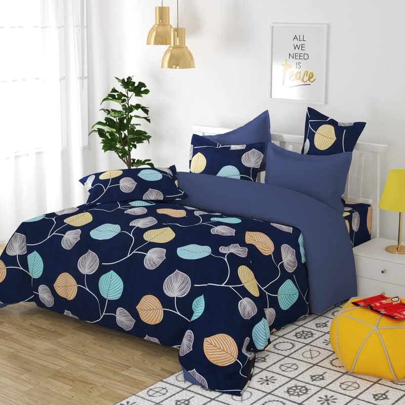 100% Cotton Double Bedsheets With 2 King Size Pillow Cover - 90 X 90 Inches, Blue | Small Leaf Printed Collections Double Bedsheets