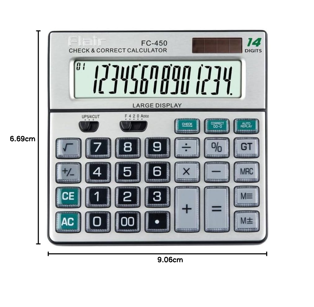 Flair Fc-450 Desktop Series Basic Calculator | 14 Digits Calculator | Special Keys With Key Guard | Best Key Layout | Dual Power With Solar | Auto Replay | 99 Steps Check & Correct | Grey
