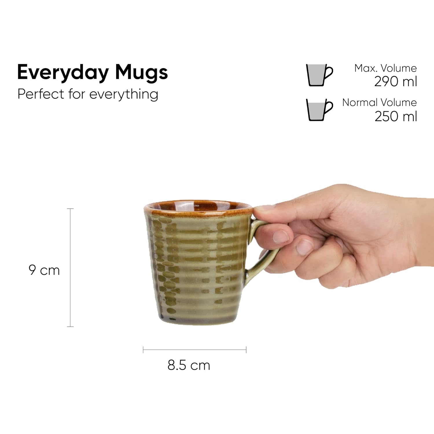Ceramic Artisanal Coffee Cup Set Of 6 - 290ml Each, Mehndi Green | Medium Cup With Glossy Finish - Stoneware Coffee Cup Set | Ceramic Everyday Cup - Microwave Safe & Dishwasher Safe