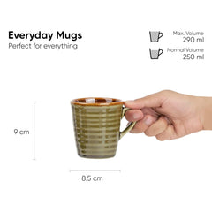 Ceramic Artisanal Coffee Cup Set Of 6 - 290ml Each, Mehndi Green | Medium Cup With Glossy Finish - Stoneware Coffee Cup Set | Ceramic Everyday Cup - Microwave Safe & Dishwasher Safe