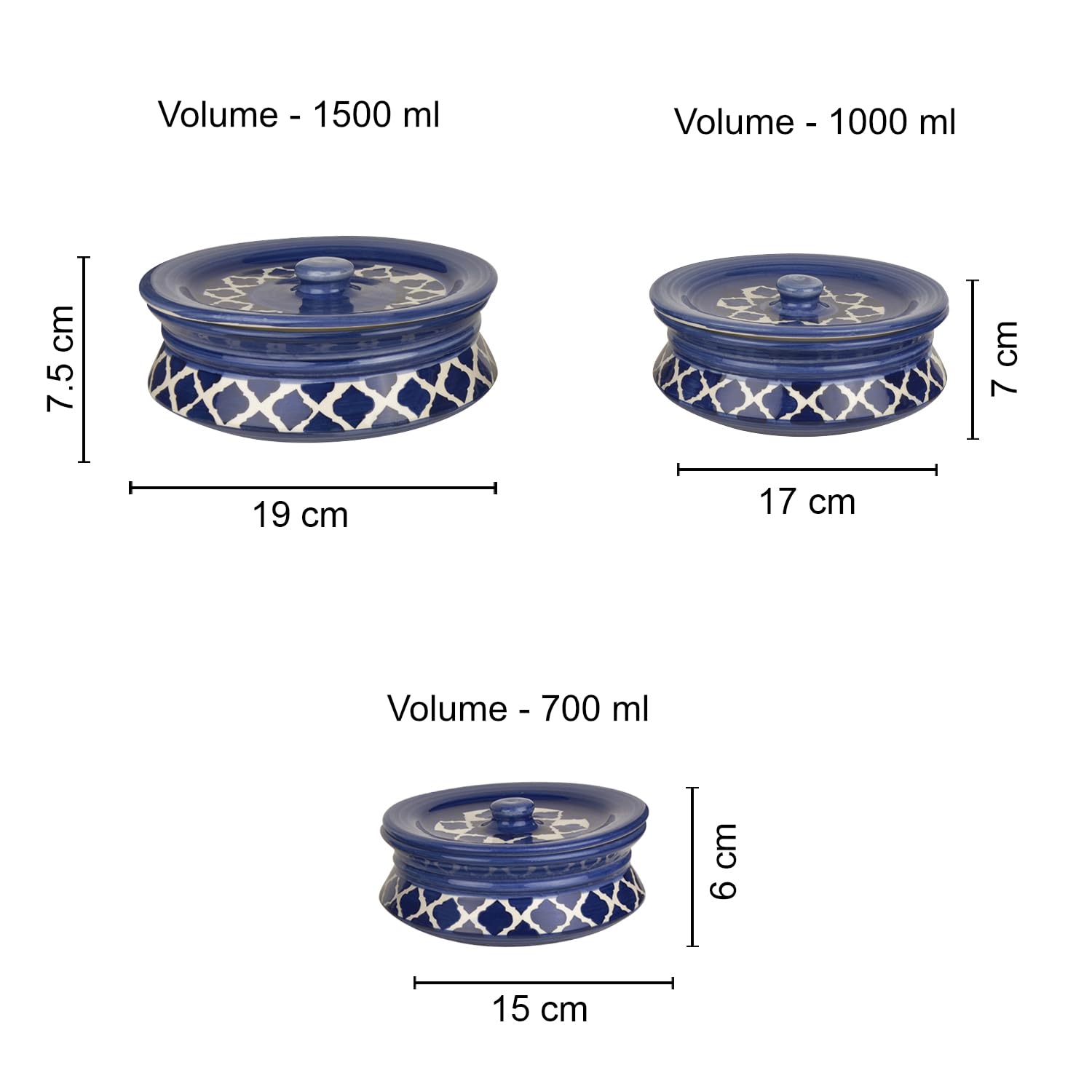 Hand Painted Ceramic Handi With Lid Set Of 3 - Blue & White | Dinner Serving Bowls - Biryani Handis, Serving Pots - 1200ml, 800ml, 600ml