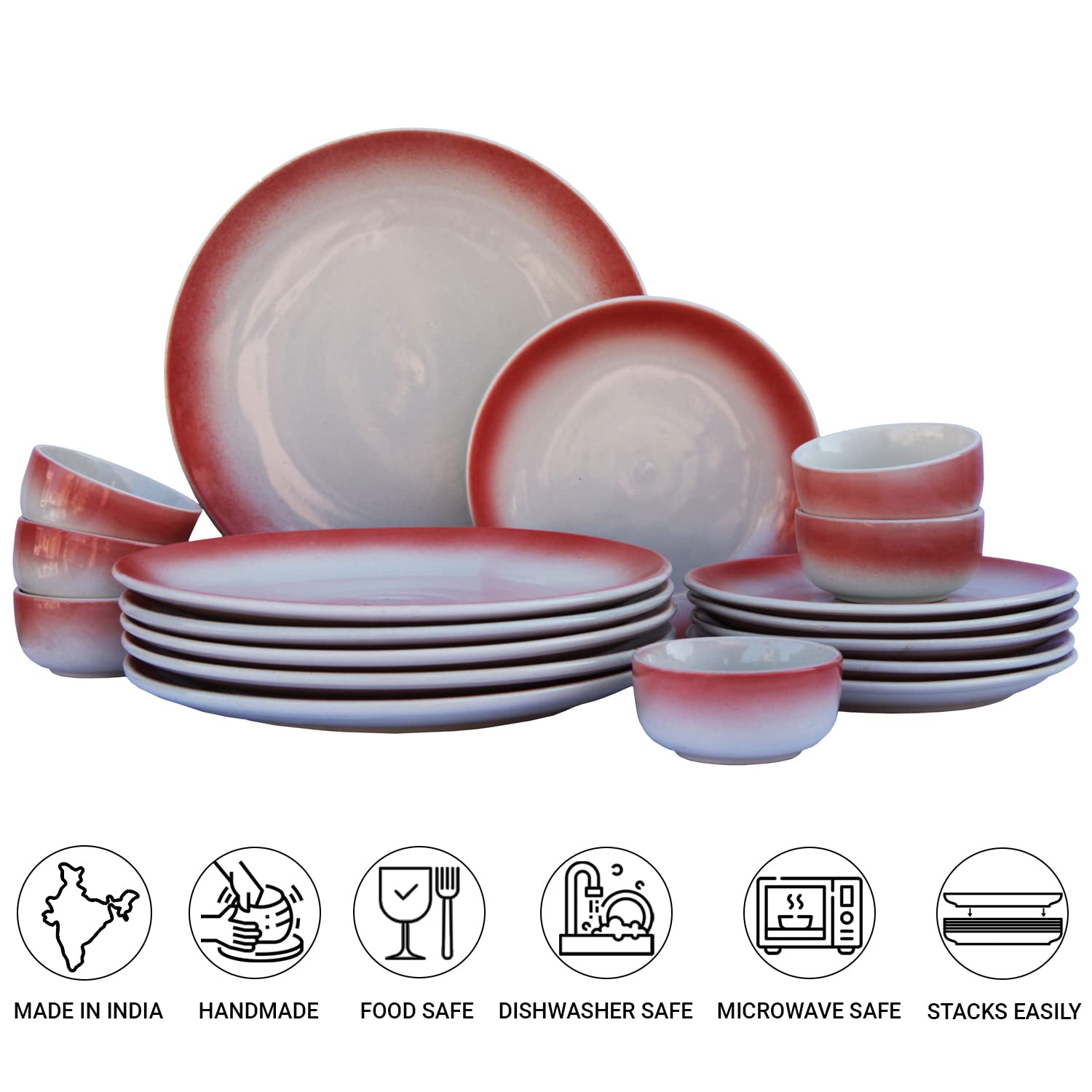 Handcrafted Ceramic Stoneware Dinner Set Of 18 - Off White & Red | 6 Dinner Plates, 10 Inch Each+ 6 Small Plates, 7 Inch Each + 6 Small Dinner Bowls, 180ml Each | Microwave & Dishwasher Safe