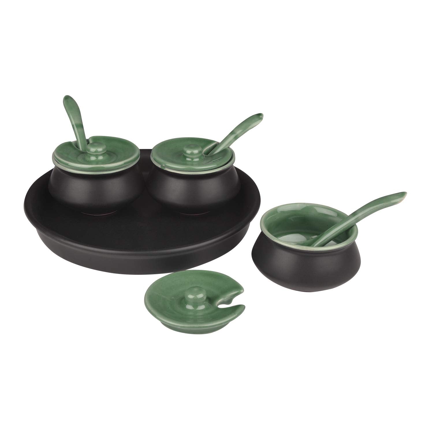 Black Matt Chutney Bowl Set With Base Tray Set Of 3 - 250ml Each | Condiment Set - Pickle Jar Set For Dining Table | Masala Container