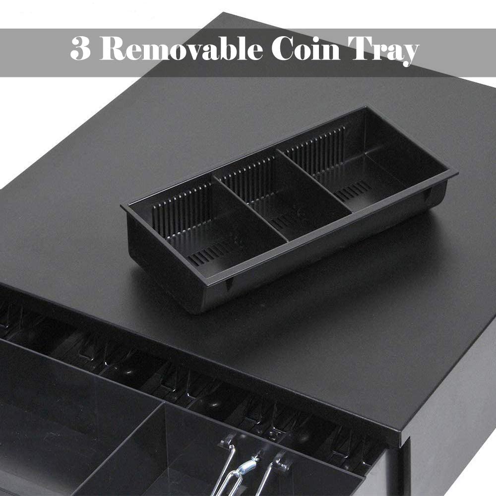 Cash Register Drawer For Point Of Sale (Pos) System With 5 Bill 5 Removable Coin Cash Tray, Metal Cash Box With Rj11 Interface Key Lock For Stores, Shops, & Business, Colour - Black