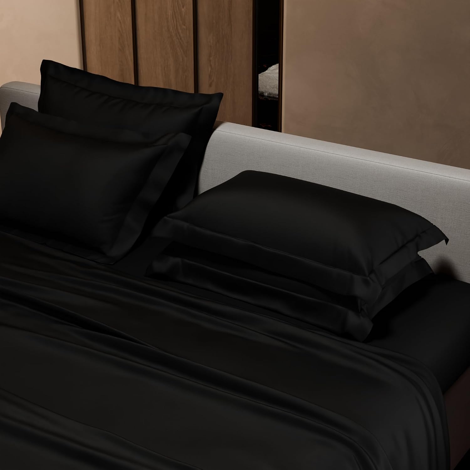 1 Flat Bedsheet King Size With 4 Pillow Cover - 108 X 108 Inches, Black | Wedding, Bedroom, Date Night Collection | 300 Thread Count