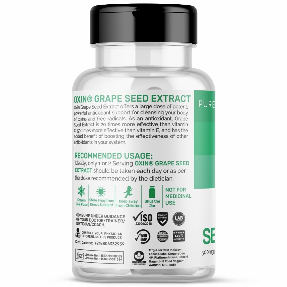 Oxin Nutrition Grape Seed Extract Capsule 500mg 95% Polyphenols, Leansing Your Body Of Toxins & Free Radicals | 30 Capsules 50gm 0.1lbs