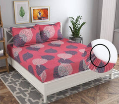 Elastic Fitted Double Bedsheets With 2 King Size Pillow Covers | 72 X 78 + 10 Inches, Pink & Grey - Double Bed With All Around Elastic 180 Thread Count Super Soft