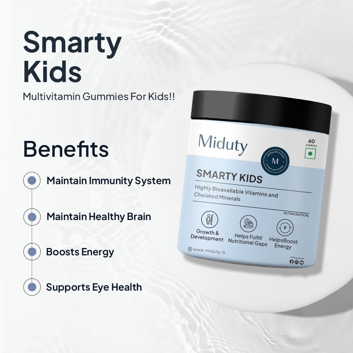 Miduty By Palak Notes Smarty Kids Multivitamin Multimineral, B Complex, Vitamin C, A & Active Immunity For Picky Eaters , No Preservatives, Natural Flavor | 60 Chewable Tablets , 300gm 0.66lbs