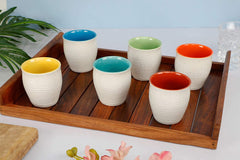 Handcrafted Matt Ceramic Tumblers Set Of 6 - White & Multicolor, 170ml Each | Tea Kulhads - Tea Glasses - Cutting Chai Glasses