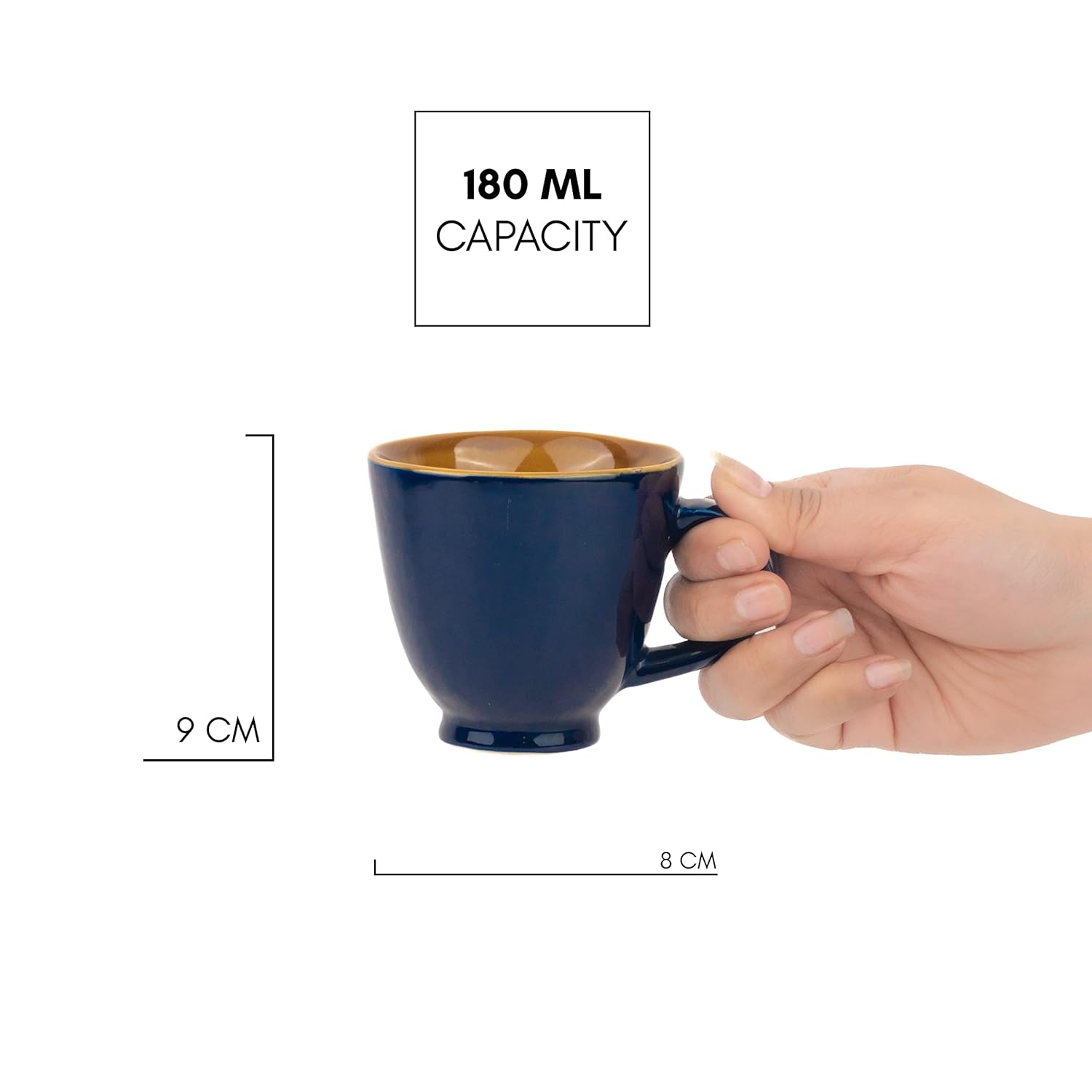 Ceramic Royal Tea Cups Set Of 6 - Midnight Blue, 180ml Each | Premium Stoneware Tea Set With Glossy Finish - Ceramic Tea Cup | Small Cups For Tea - Microwave Safe & Dishwasher Safe