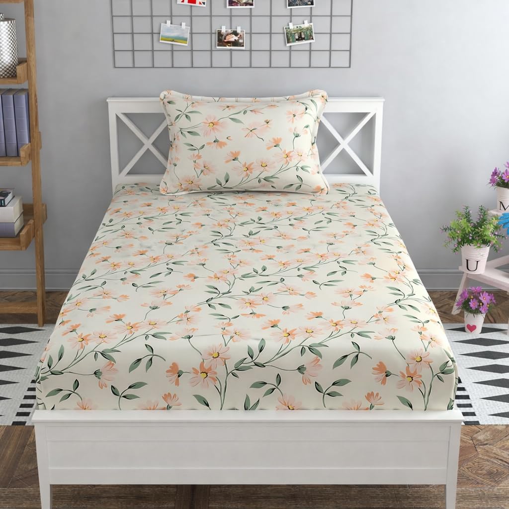 Printed Single Bedsheet With 1 Pillow Cover - 60 X 90 Inches, Beige & Green | Soft, Durable, Ideal For Bedroom Decoration | Suitable For Warmer Seasons