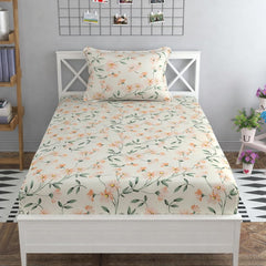 Printed Single Bedsheet With 1 Pillow Cover - 60 X 90 Inches, Beige & Green | Soft, Durable, Ideal For Bedroom Decoration | Suitable For Warmer Seasons