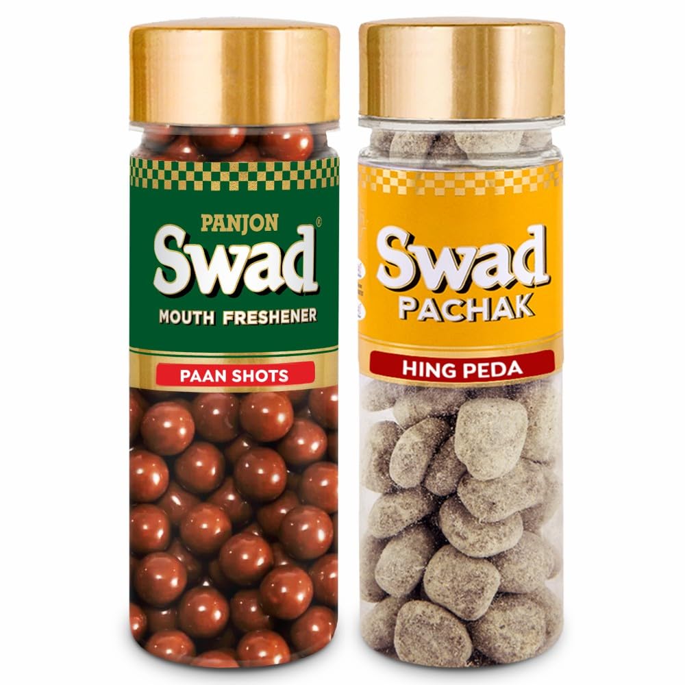Panjon Swad Paan Shots & Hing Peda Tasty Mouth Fresheners 450gm, (225gm *2 Bottles)