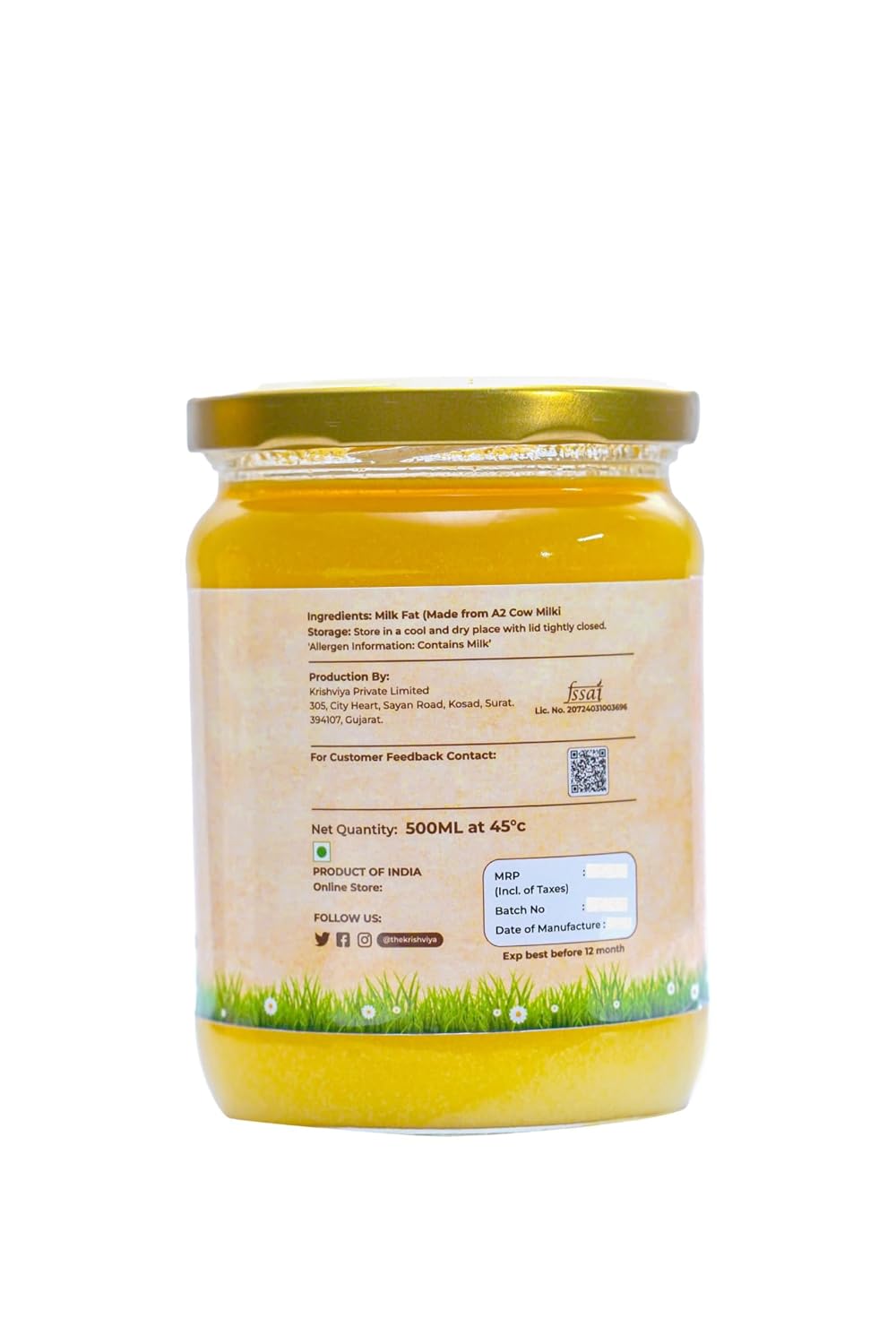 Natural A2 Desi Cow Ghee By Krishviya | Homemade Rich In Taste & Nutrients A2 Bilona Desi Cow Ghee Perfect For Deep Frying | (500ml) 16.9 Ounce | Jar Pack