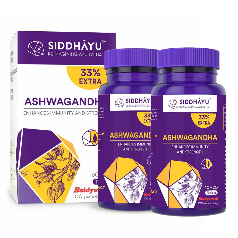 Siddhayu Ashwagandha Tablet Enhances Immunity & Strength, Rejuvenates Mind & Body, Increasing The White Blood Cell & Platelet | 60 + 20 Free Tablets 100gm 0.2lbs Each Pack Of 2