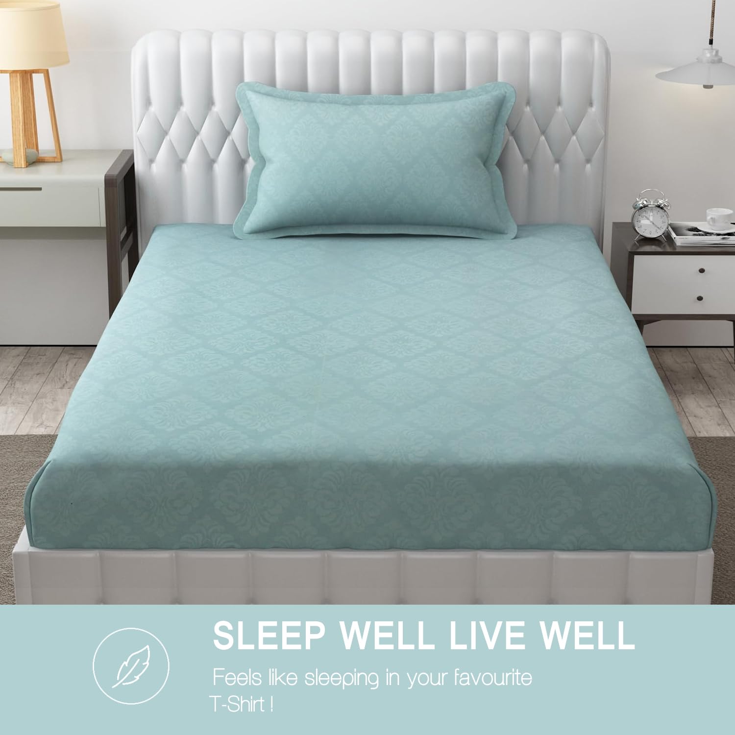 Soft Microfiber Single Bedsheet With 1 Pillow Covers - 60 X 90 Inches | Turquoise, Damas Design | Wrinkle Free Design & Easy To Wash | Refreshing Your Bedroom Look
